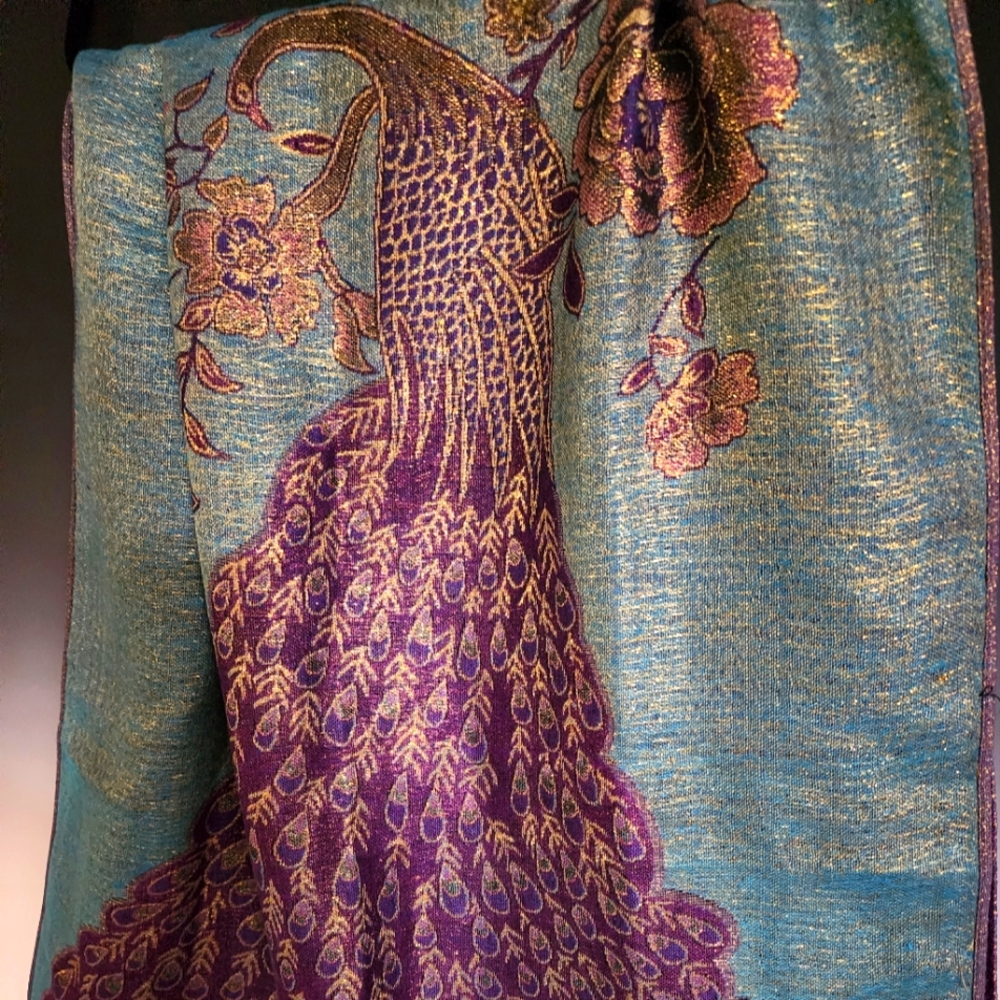 Scarf/Sari, Teal, Purple & Gold Metallic, 27" X 68"
